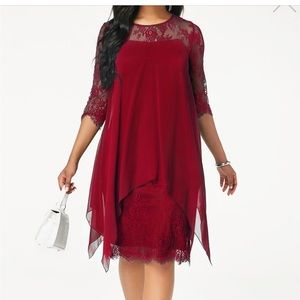 ROTITA Three Quarter Sleeve Chiffon Overlay Wine Red Lace Dress